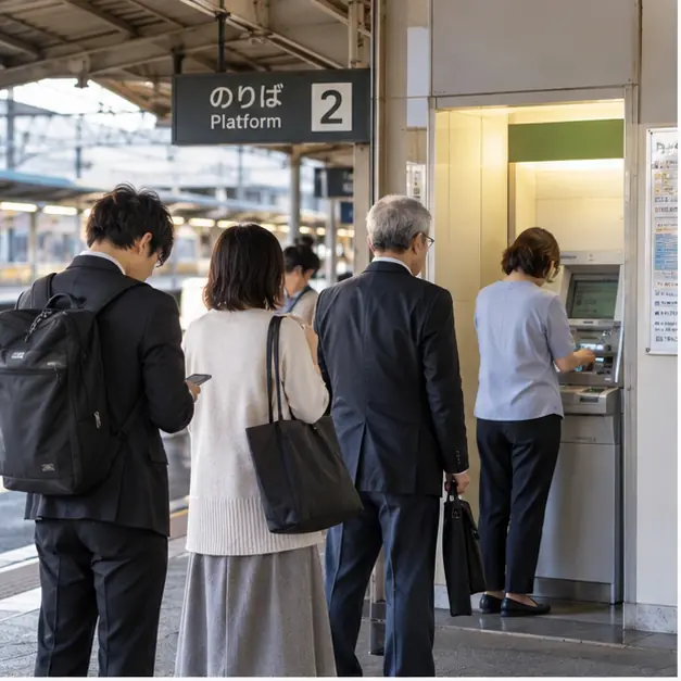 日本のATMに並ぶ人々